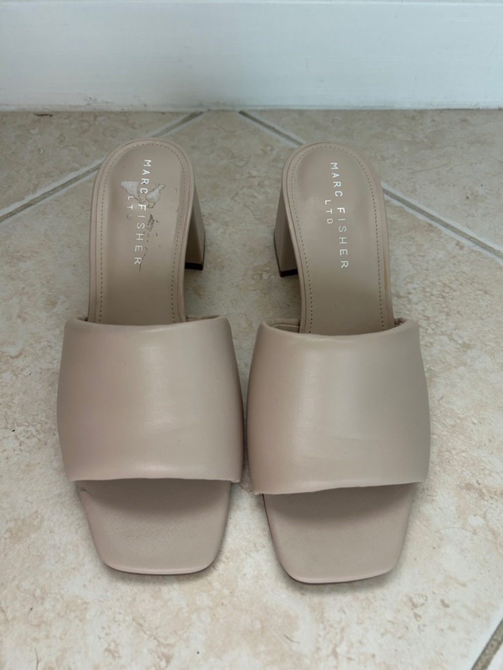 Marc Fisher Taupe Wide Strap Block Heel Mules